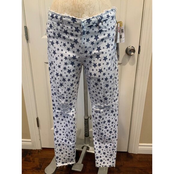 Hudson White W/Blue Star Print Cropped Distressed Skinny Jeans , Size 29, NWT! - Picture 1 of 11